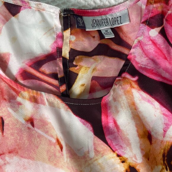 Jennifer Lopez Pink Brown Yellow Floral Short Sleeve Split Back Womens Top M - Picture 7 of 15